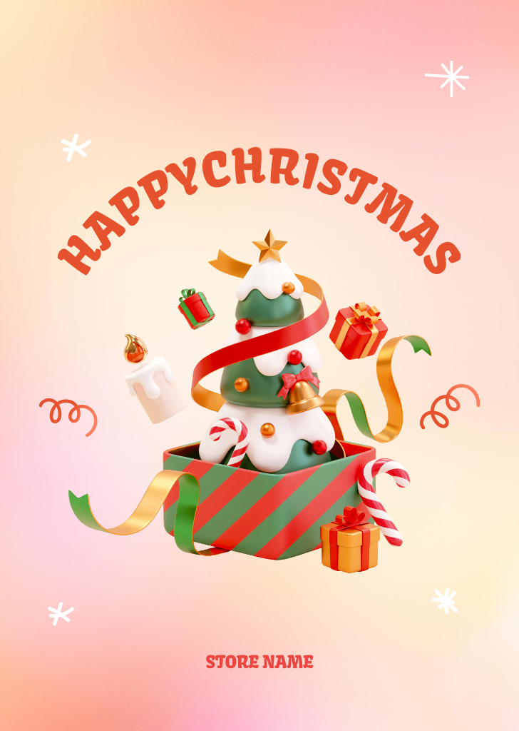 Ontwerpsjabloon van Postcard A6 Vertical van Christmas Cheers with Festive Ribbons and Tree on Gradient