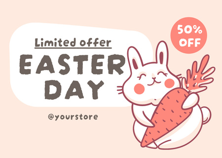 Plantilla de diseño de Oferta de venta de Pascua con lindo conejo sosteniendo zanahoria Card 