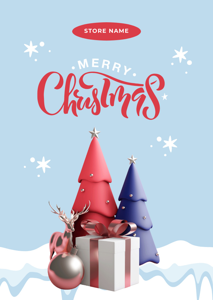 Christmas Greeting with Trees and Reindeers on Snow Postcard A6 Vertical Design Template