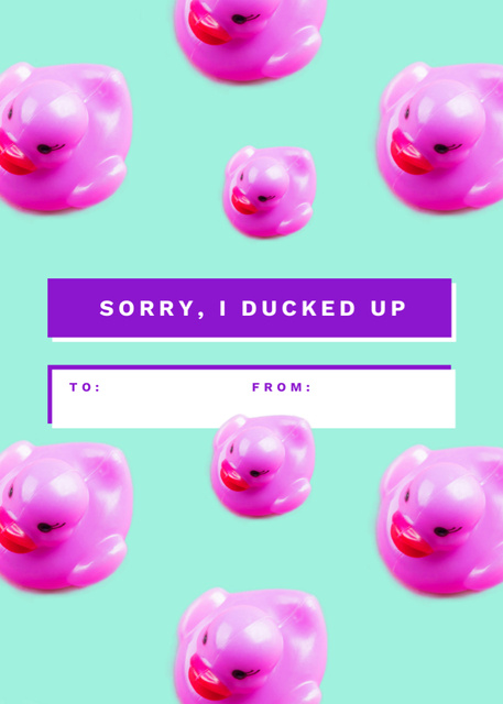 Ontwerpsjabloon van Postcard 5x7in Vertical van Funny Apology Message With Pink Ducks