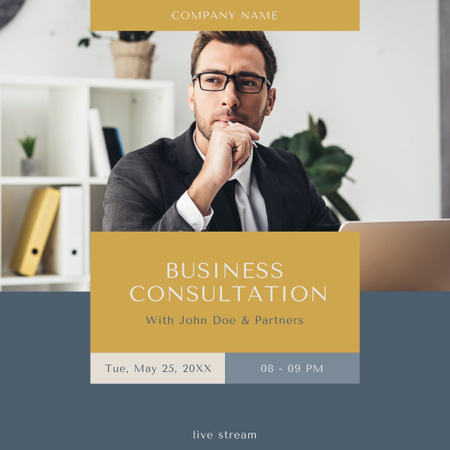 Modèle de visuel Annonce de consultation commerciale avec un homme d'affaires réfléchi au bureau - LinkedIn post