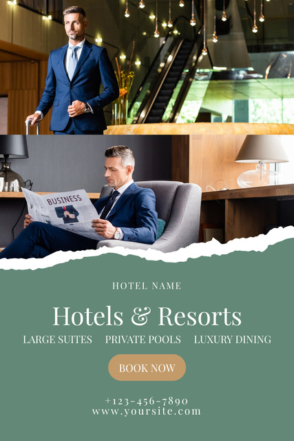 Hotels and Resorts Ad Layout with Photo Collage Pinterest Design Template