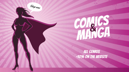 Жінка-супергерой із пропозицією продажу коміксів і манги Full HD video – шаблон для дизайну