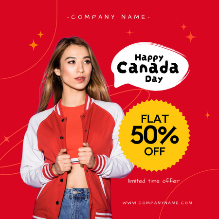 Canada Day Sale Announcement with Young Woman in Stylish Jacket Instagram Design Template