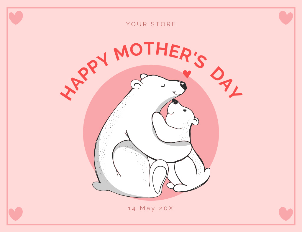 Mother's Day Holiday Greeting with Mama and Kid Bears Thank You Card 5.5x4in Horizontal Design Template