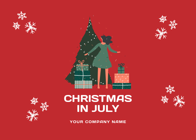 Unforgettable Christmas in July Celebration With Tree In Red Flyer A6 Horizontal Design Template