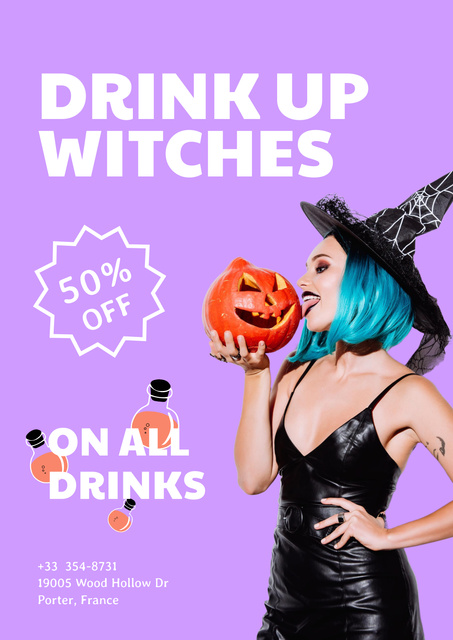 Halloween Party Announcement with Woman in Witch Costume Posterデザインテンプレート