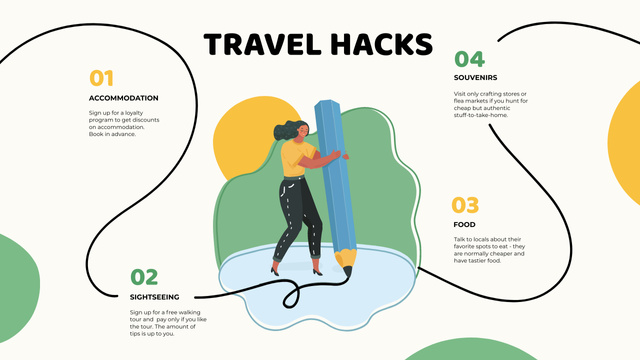 Travel Hacks with Woman drawing Mind Map Design Template