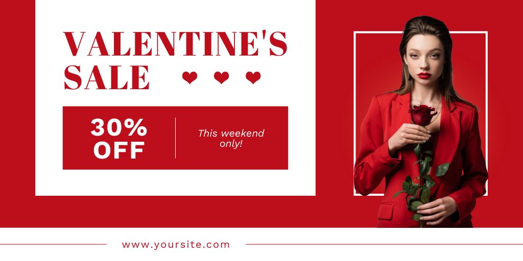 Valentine's Day Sale Ad with Stylish Lady in Red Twitterデザインテンプレート