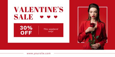 Ontwerpsjabloon van Twitter van Valentijnsdaguitverkoopadvertentie met stijlvolle dame in het rood