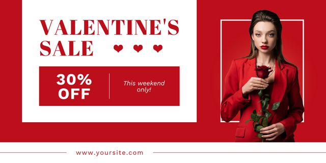 Valentine's Day Sale Ad with Stylish Lady in Red Twitter tervezősablon