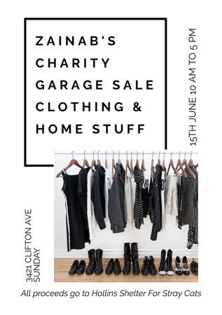 Charity Sale Announcement with Black Clothes on Hangers Flyer A7 Design Template