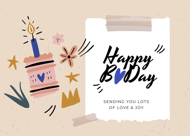 Designvorlage Birthday Greeting With Illustrated Cake in Pastel für Postcard 5x7in