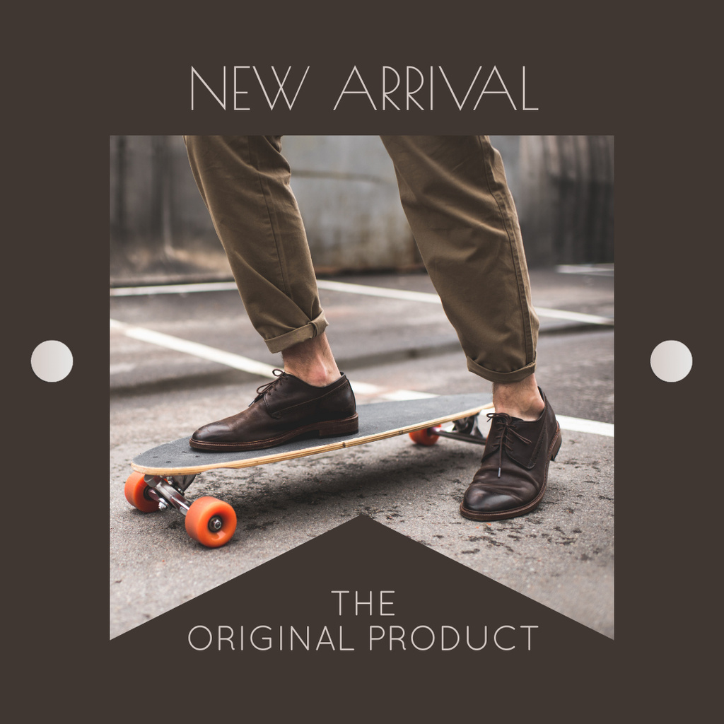 Template di design New Arrival Genuine Items Announcement with Man on Skateboard Instagram