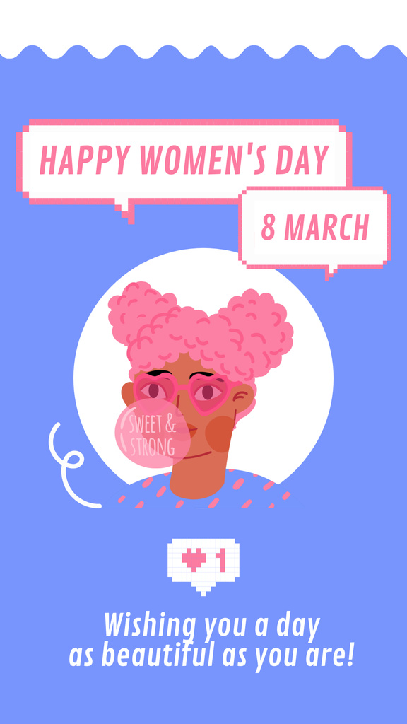 Women's Day Greeting with Cute Young Woman with Bubblegum Instagram Story Šablona návrhu