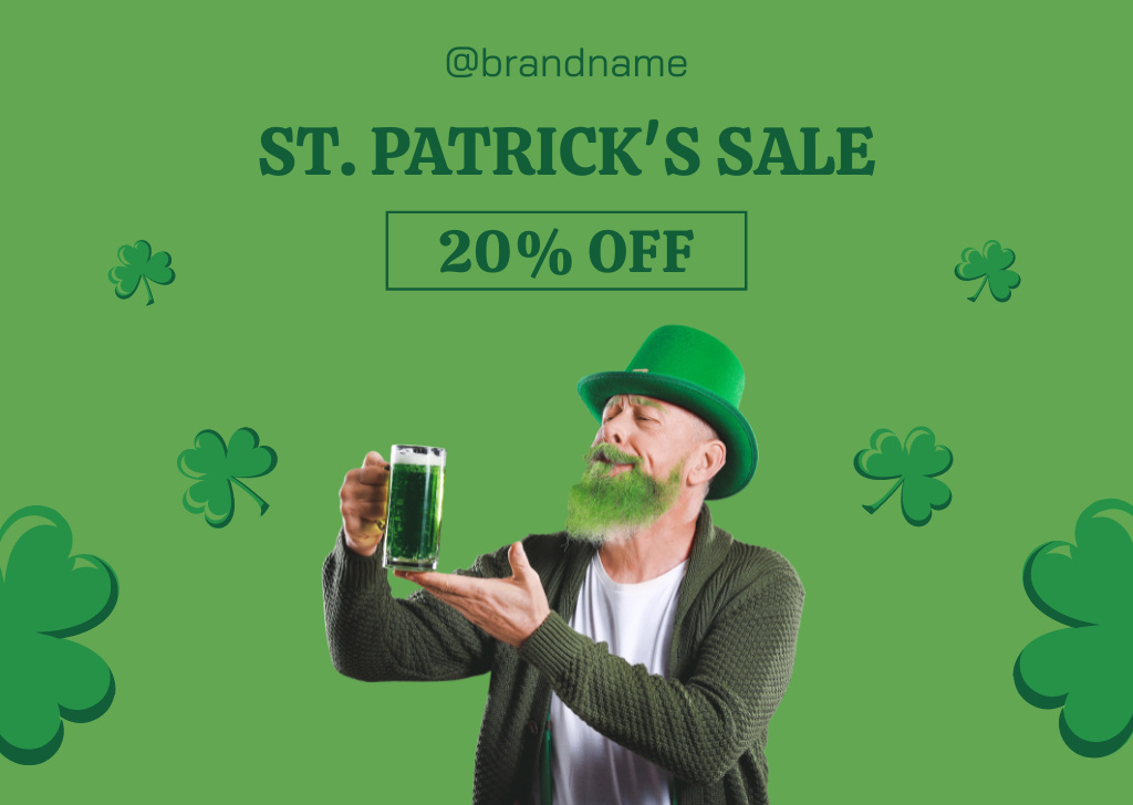 St. Patrick's Day Sale Announcement with Bearded Man Card Modelo de Design