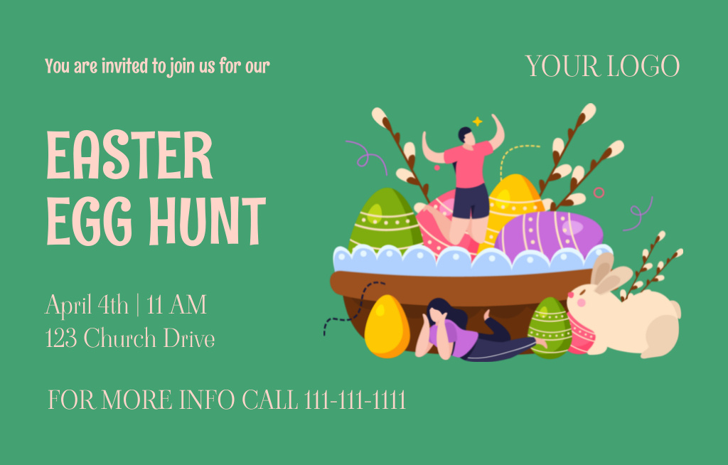 Annual Easter Egg Hunt With Basket And Bunny Invitation 4.6x7.2in Horizontal Tasarım Şablonu