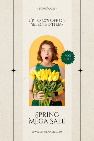 Kevään alennustarjous naisen kanssa, jolla on kirkkaankeltainen tulppaanikimppu Pinterest Design Template