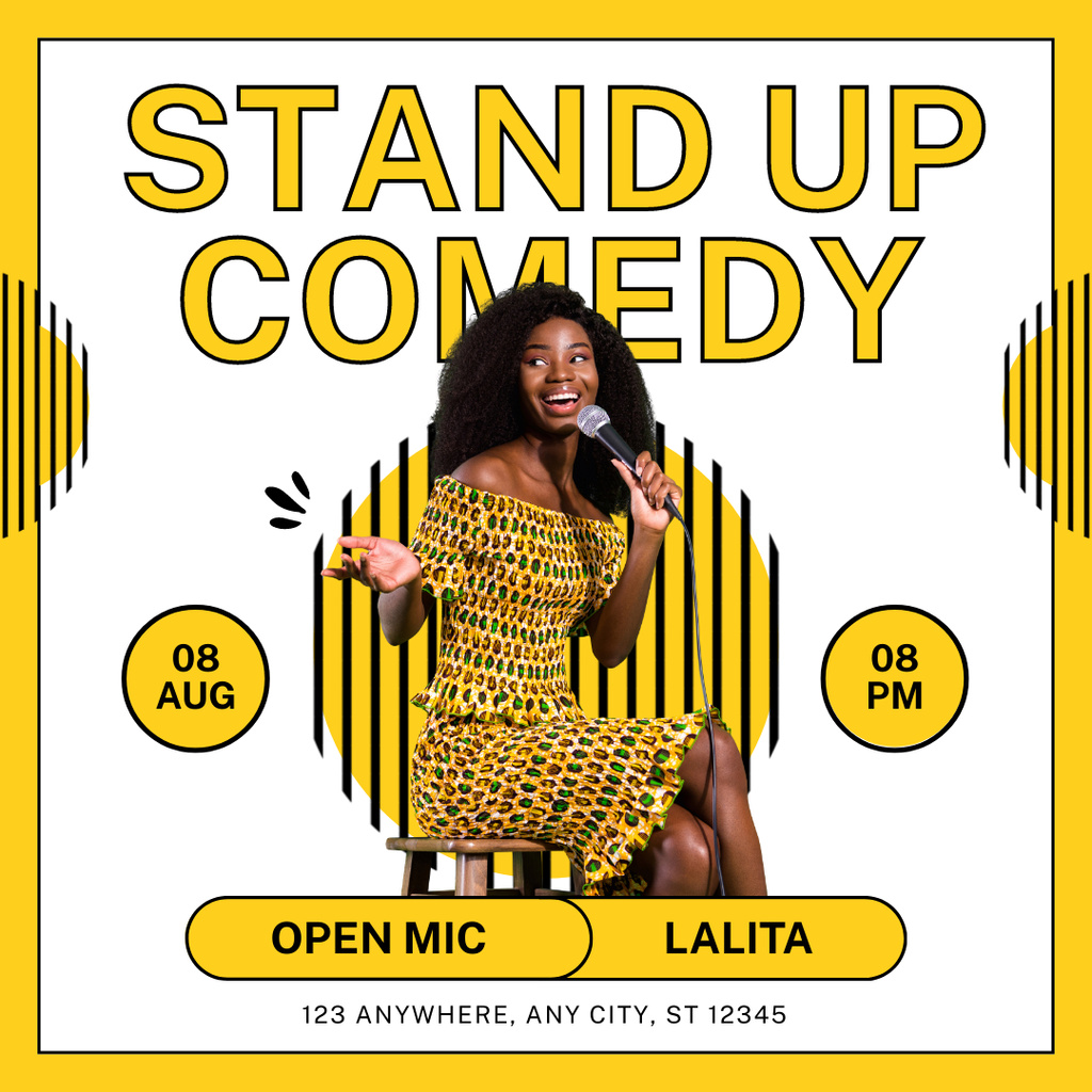 Beautiful African American Woman in Yellow on Comedy Show Instagram Design Template