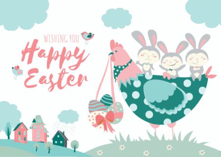 Plantilla de diseño de Happy Easter Wishes with Chicken and Bunnies Postcard 