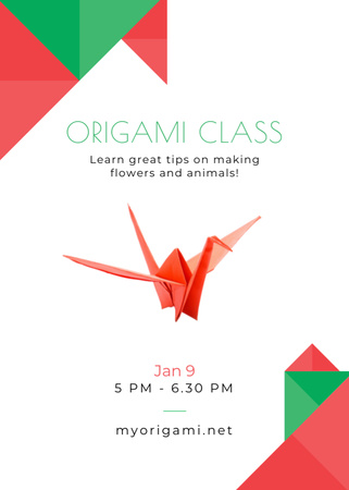 Ontwerpsjabloon van Flayer van Uitnodiging voor origamiklassen met papieren vogel in rood