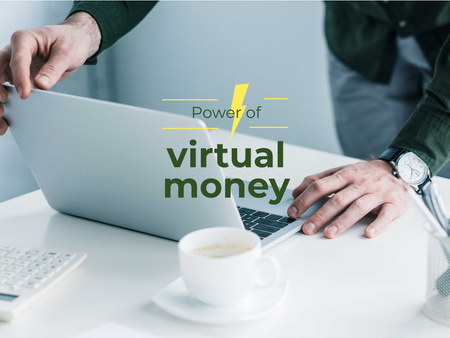 Conceito de dinheiro virtual com homem trabalhando no laptop Presentation Modelo de Design