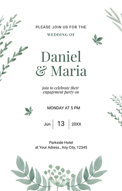 Wedding Ceremony Celebration With Leaves Invitation 4.6x7.2in Design Template