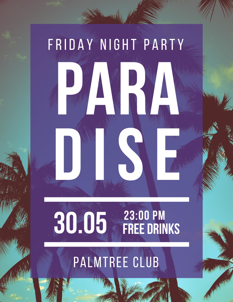 Exciting Night Party Announcement In Palm Tree Club Flyer 8.5x11in Design Template