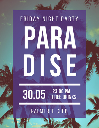 Night Party invitation on Tropical Palm Trees Flyer 8.5x11in Design Template