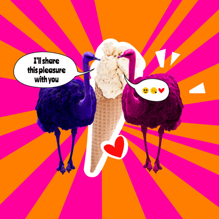 Funny Ostriches eating Big Ice Cream Instagramデザインテンプレート