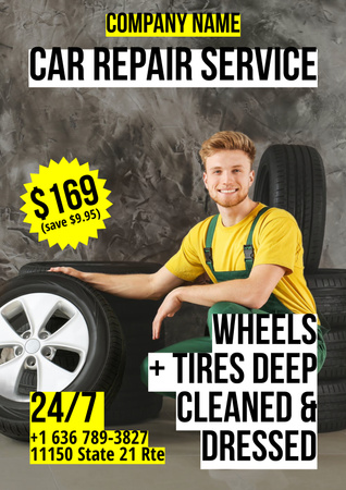 Car Repair Services Ad with New Tires Poster Design Template