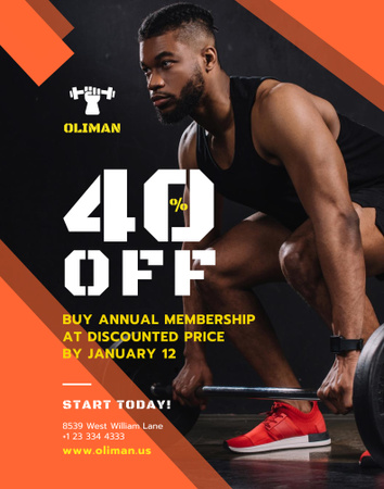 Gym Promotion with Muscular African American Man Lifting Barbell Poster 22x28in Design Template