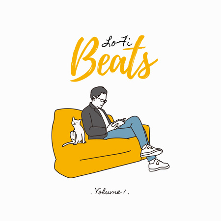 Ontwerpsjabloon van Album Cover van Moderne illustratie van man en kat zittend op de bank en handgeschreven tekst