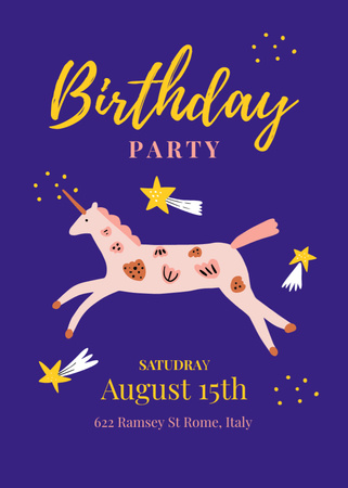 Birthday Party Announcement with Cute Unicorn Invitation Design Template