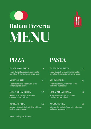 Designvorlage Vorschlag einer traditionellen italienischen Pizza auf Grün für Menu