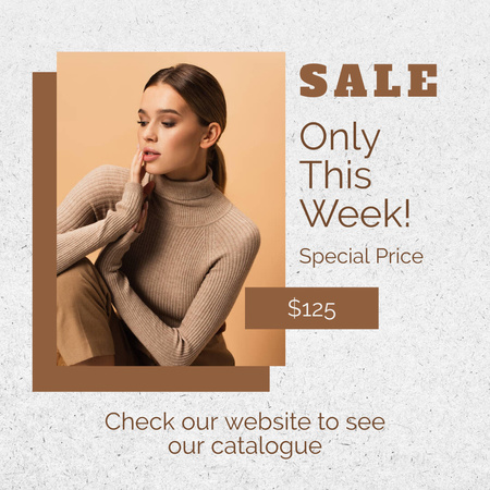 Fashion Ad with Attractive Woman in Brown Sweater Instagram Design Template
