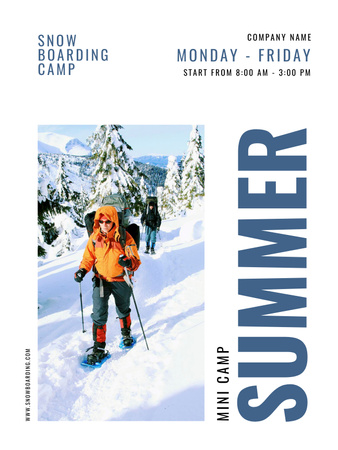 Plantilla de diseño de Campamento de verano de snowboard con montañas nevadas Poster US 