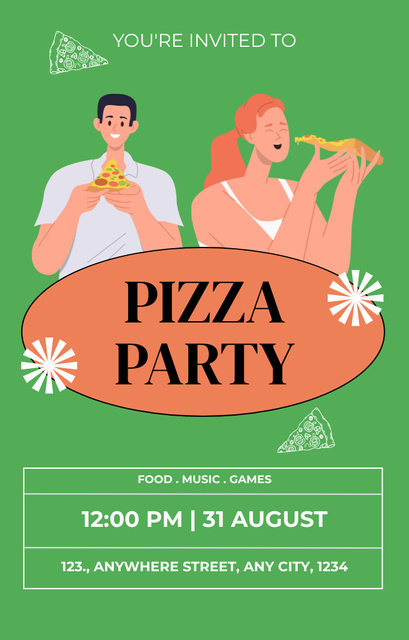 Pizza Party Announcement on Green Invitation 4.6x7.2in Design Template