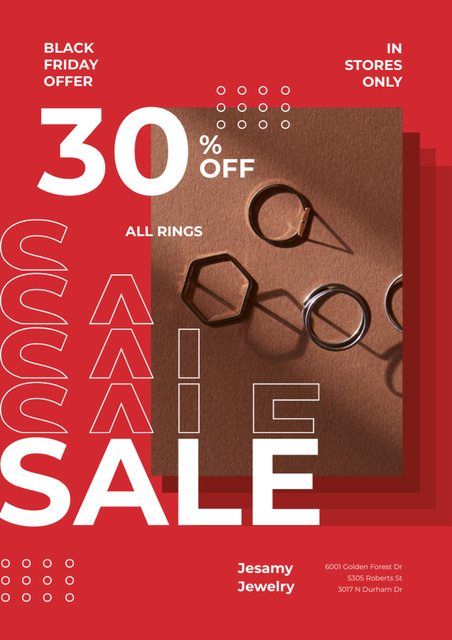 Jewelry Sale with Shiny Rings in Red Poster A3 Design Template