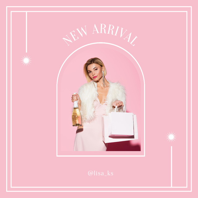 Fashion Boutique Ad with Girl with Shopping and Champagne Instagram Design Template