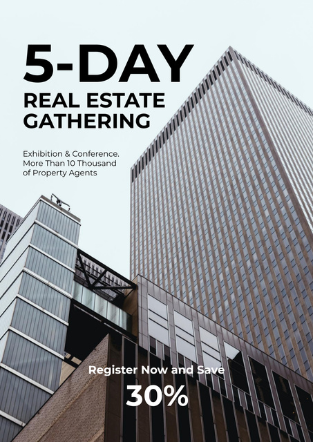 Real Estate Conference Announcement with Modern Skyscrapers Poster Design Template