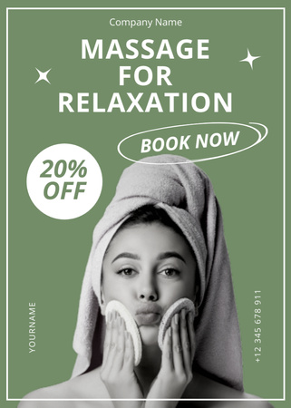 Anúncio de salão de massagem com mulher bonita com toalha na cabeça e esponjas Flayer Modelo de Design