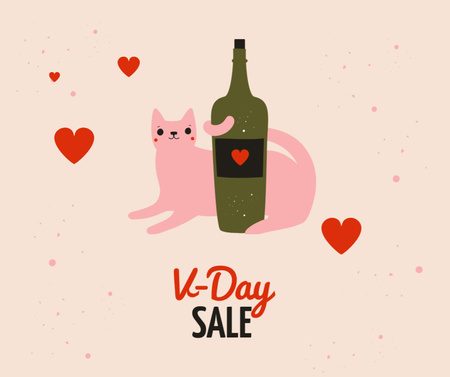 Cat with Wine bottle on Valentine's Day Facebook Design Template