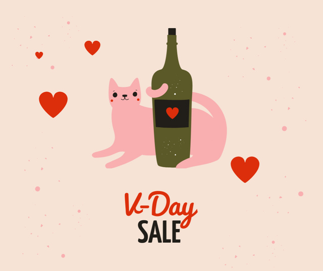 Cat with Wine bottle on Valentine's Day Facebook Πρότυπο σχεδίασης