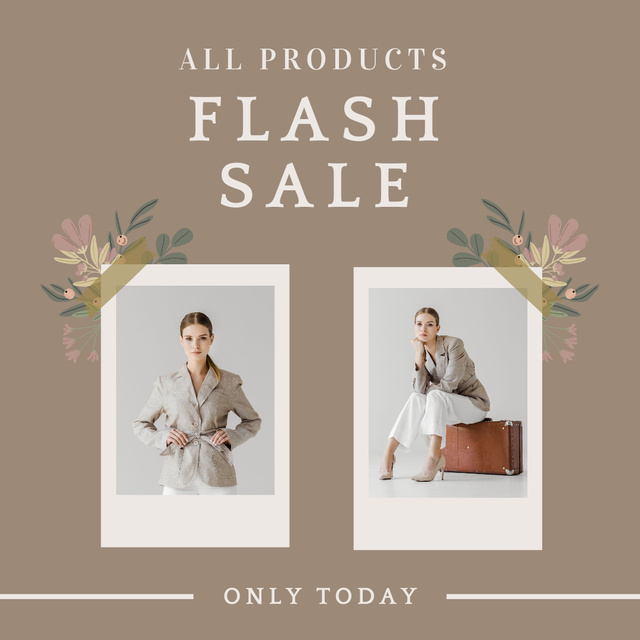 Female Fashion Sale with Woman Sitting on Suitcase Instagram Design Template