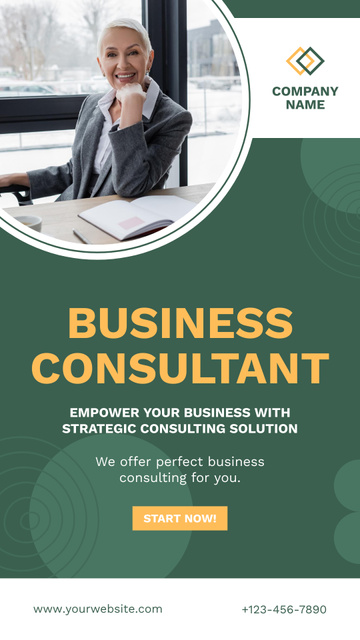 Business Consultant Services with Confident Businesswoman in Office Instagram Story Modelo de Design