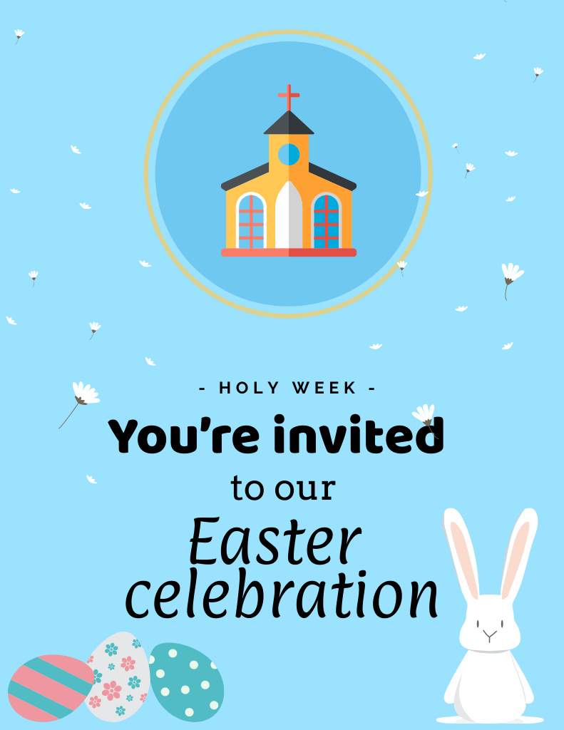 Easter Service Invitation with Cute Illustration on Blue Flyer 8.5x11inデザインテンプレート