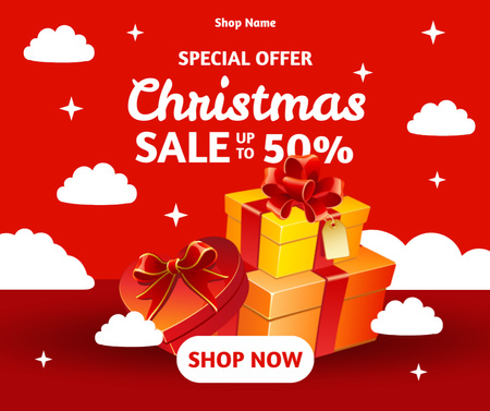 クリスマス セールの赤いリボンのギフト ボックス Facebookデザインテンプレート