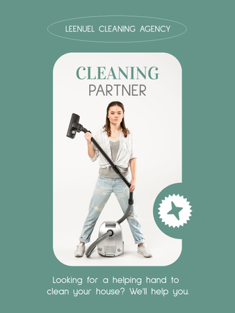 Cleaning Agency Ad with Girl with Vacuum Cleaner Poster US Design Template