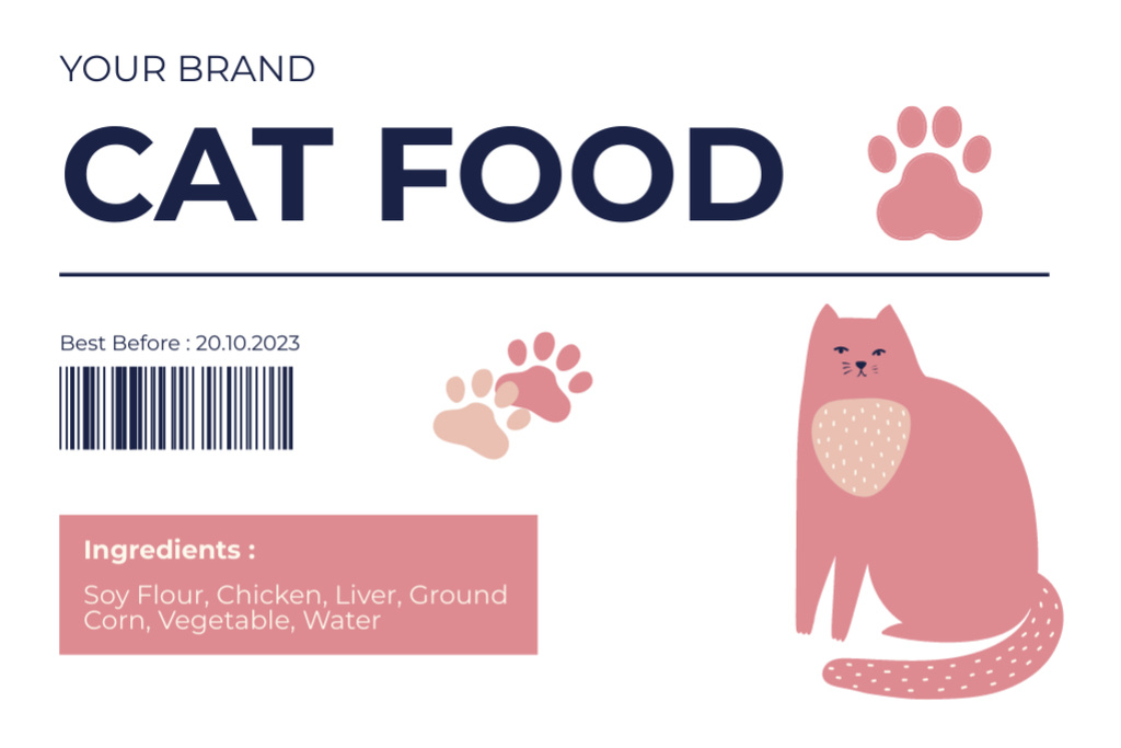 Cat Food Tag with Cartoon Pet Illustration Label Design Template